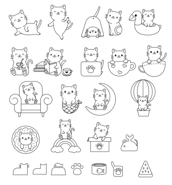 Set Gatto Animale Cartone Animato Disegnato Mano Scarabocchio Linea Stile — Vettoriale Stock
