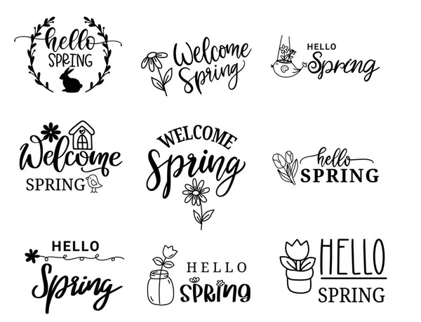 Hallo Frühling Schriftzug Großes Set Mit Blume Handgezeichnet Doodle Clipart — Stockvektor