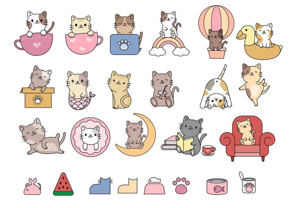 Nette Cartoon Katze Charaktere Sammlung Yoga Und Emotionen Flache Farbe — Stockvektor