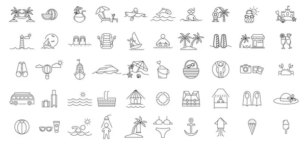 Великий Набір Іконок Літніх Канікул Пляжні Курорти Готелі Символізують Контур — стоковий вектор