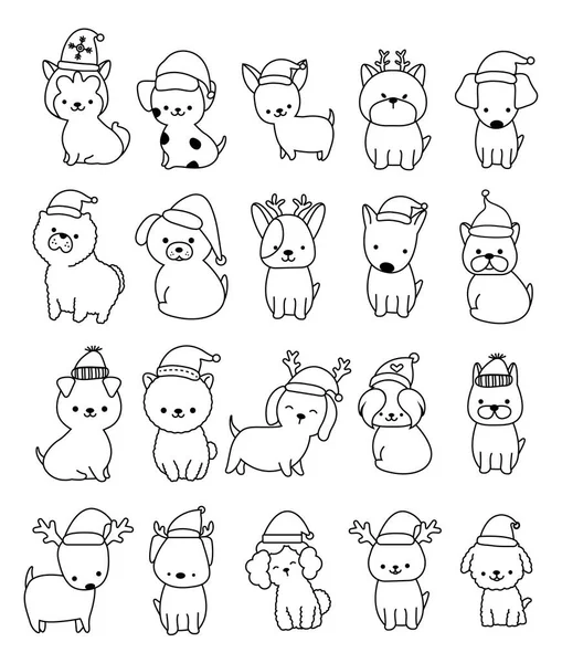 Cute Santa Dog Cartoon Bundle Outline Hand Drawn Christmas Kids — Vetor de Stock