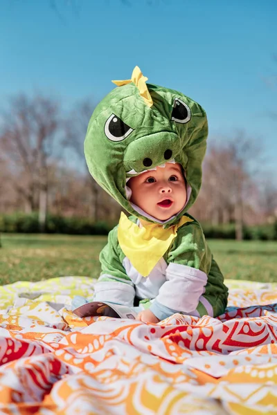 Dinozor kostümü giymiş bir bebek.