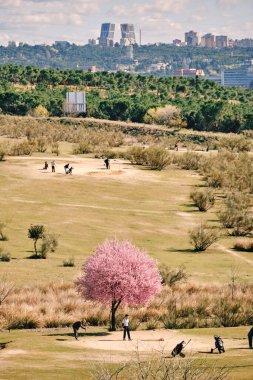 Pozuelo de Alarcon, İspanya - 13 Mart 2022. Halk sahasında golf oynayan insanlar..