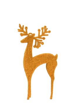 Altın dekoratif Ren geyiği parıltılı ve beyaz izole arka planda parıldıyor. Tasarım elemanı. Noel, Yeni Yıl