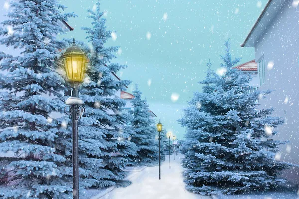Snowy Fir Trees Houses Alley Lanterns Snowing Dust Winter Christmas Royalty Free Stock Photos
