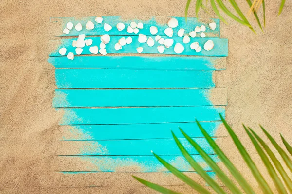 Turquoise Boards Seashells Beach Sand Palm Tree Vacation Travel Concept — Photo