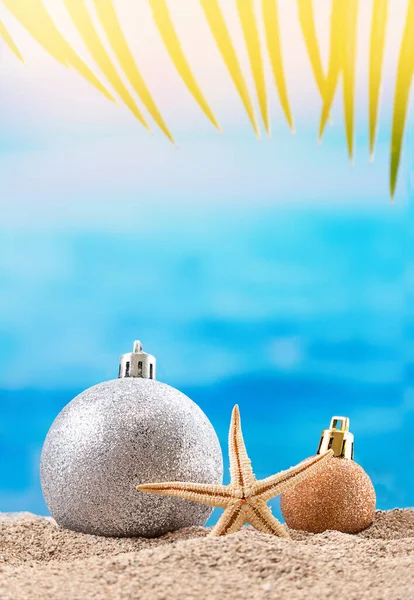 Glitter Balls Starfish Palm Beach Tropical Concept Christmas New Year — Photo