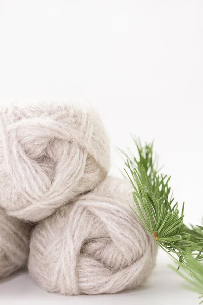 Balls Gray Yarn Spruce Branch White Background Knitting Sewing Needlework — Fotografia de Stock