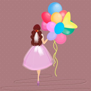 Resim güzel elbiseli bir kızı gösteriyor. Elinde bir sürü renkli balon tutuyor..