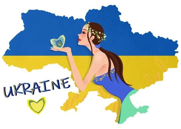 ウクレイン ベクトルイラスト この写真はウクライナの地図を示しています青と黄色の旗の少女 — ストックベクタ
