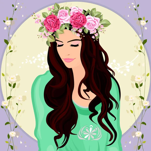 Hermosa Chica Una Corona Flores Chica Con Pelo Largo Ilustración — Vector de stock
