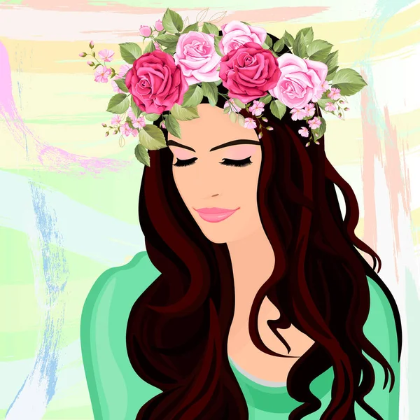花の花輪で美しい女の子 長い髪の女の子 抽象的な背景 ベクターイラスト — ストックベクタ