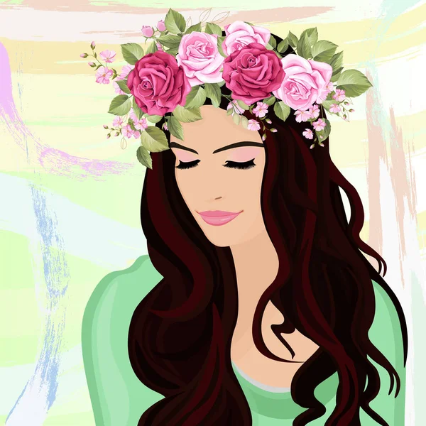 Schöne Mädchen Einem Blumenkranz Mädchen Mit Langen Haaren Abstrakter Hintergrund Stockillustration
