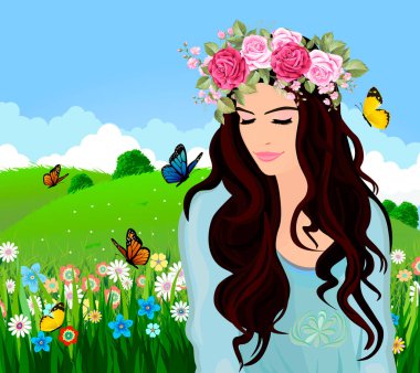 Yaz. Çiçek çelengi içinde güzel bir kız. Uzun saçlı kız. Vektör illüstrasyonu.