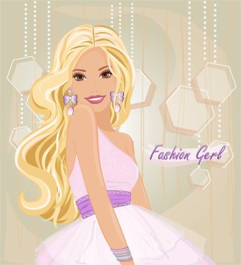 Fashionable girl. Beautiful girl with long blonde hair and long earrings and in a lovely dress. Vector illustration.