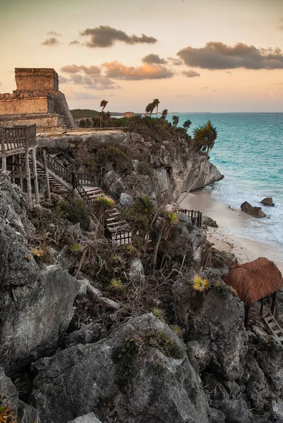 Vertical view of the ruins near the sea of the mayan ancient city of Tulum