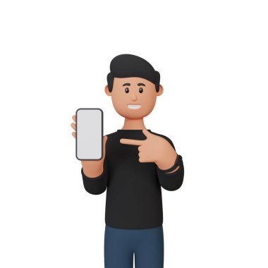 3D canlandırma erkek karakteri akıllı telefonu işaret ediyor