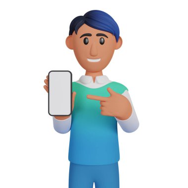 Man showing screen of phone 3d illustration