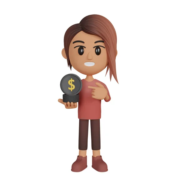 Woman Showing Dollar Coins 3d illustration