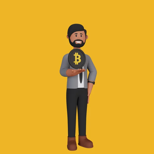 Businesman Holding Bitcoin Cryptocurrency Rendering — Zdjęcie stockowe