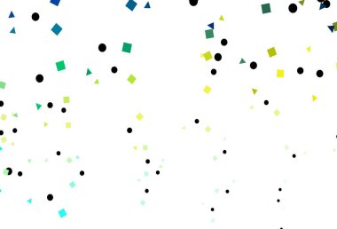 Açık mavi, sarı vektör dokusunda daireler ve küplerle. Renkli daireler, üçgenler, kareler çizilmiş bir resim. Reklamınız, posteriniz, afişiniz için en iyi tasarım.