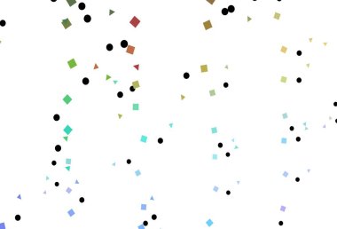 Aydınlık Çokrenkli, çokgen şekilli Gökkuşağı vektör şablonu. Küreler, kareler ve çizgilerle soyut çizimler. İniş sayfası için modern şablon.