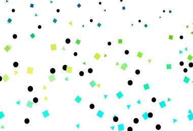 Açık mavi, daireli, çizgili, dikdörtgenli sarı vektör düzeni. Soyut tarzda dekoratif tasarım, çizgiler, noktalar, küplerle. İş ilanınız için akıllı tasarım.