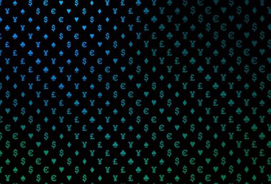 Koyu mavi, iskambil kağıtlı yeşil vektör dokusu. Kupa, maça, sinek ve elmasların olduğu bir resim. Kumarhane reklamınız için akıllı tasarım.