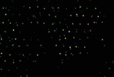 Koyu yeşil, sarı vektör örtüsü daireler şeklinde çokgen şeklinde. Küreler, kareler ve çizgilerle soyut çizimler. İş ilanınız için akıllı tasarım.