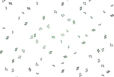 Müzik sembollü açık yeşil vektör arkaplanı. Melodi tuşları olan modern soyut çizimler. Duvar kağıtları için modern tasarım.