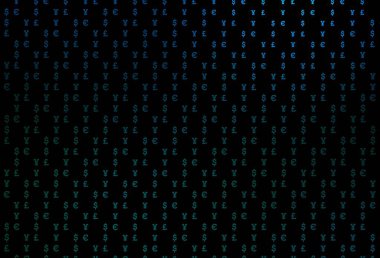 Koyu mavi, yeşil vektör şablonu EUR, USD, GBP, JPY ile. Parlak renkli çizimler, dolar, USD, ABD işaretleri. Bu model finansal ve yatırım web siteleri için kullanılabilir.