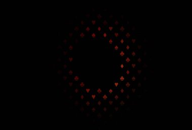 Poker sembollü koyu kırmızı vektör şablonu. Kalplerin, maça, sinek ve elmasların bulanık dekoratif tasarımı. Kumarhanelerin kartvizitleri için şablon.