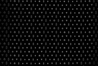 Koyu gümüş, oyun kartlarıyla gri vektör dokusu. Kalplerle, maça, sinek ve elmaslarla parlayan illüstrasyon. Reklam, poster ve kumar siteleri için tasarım.