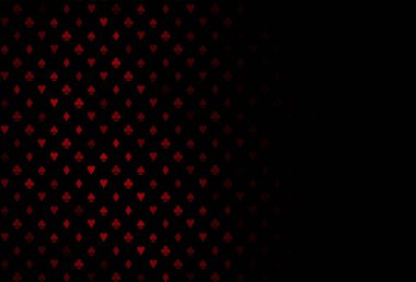 Kumarın sembolleriyle kaplanmış koyu kırmızı vektör. Kalplerin, maça, sinek ve elmasların bulanık dekoratif tasarımı. Poker oyunları ve etkinlikler broşürleri için desen.