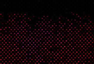 Kumarın sembolleriyle kaplanmış koyu pembe bir vektör. Kalplerin, maça, sinek ve elmasların işaretleriyle renkli bir değişim. Kumarhane reklamınız için akıllı tasarım.