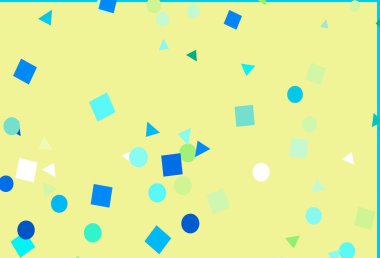 Açık mavi, sarı vektör kapağı daireler şeklinde çokgen şeklinde. Renkli noktaları, çizgileri, küpleri olan soyut çizimler. İniş sayfası için modern şablon.