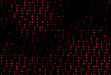 Koyu kırmızı vektör düzeni ve kart elemanları. Kupa, maça, sinek ve elmasların olduğu bir resim. Reklam, poster ve kumar siteleri için tasarım.