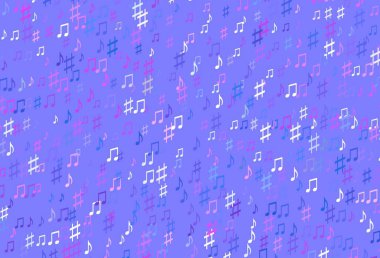 Açık pembe, müzikal notalı mavi vektör dokusu. Renkli melodi sembolleri olan soyut çizimler. Müzisyenlerin web siteleri için desen.