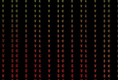 Koyu yeşil, kırmızı vektör arka planı EUR, USD, GBP, JPY. Dolar, USD, beyaz şablondaki ABD işaretleri. Piyasa reklamları, krediler için şablon.