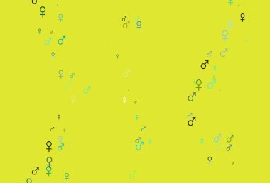 Açık mavi, sarı vektör arkaplan ve cinsiyet işaretleri. Gradyan renkli erkek, soyut tarzda kız sembolleri. Fasion dergileri için şablon.