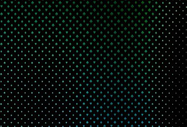 Koyu mavi, üzerinde kumar sembolleri olan yeşil vektör örtüsü. Renkli resimler, kalpler, maça, sinek, elmas. Kumarhane reklamınız için akıllı tasarım.