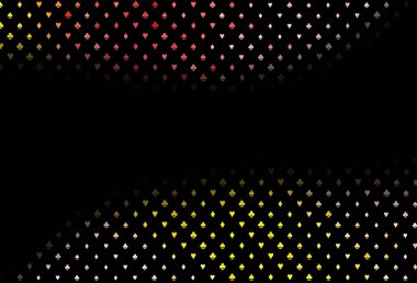 Poker sembollü koyu pembe, sarı vektör şablonu. Kalplerin, maça, sinek ve elmasların işaretleriyle renkli bir değişim. Poker oyunları ve etkinlikler broşürleri için desen.