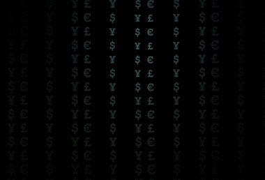 EUR, USD, GBP, JPY ile koyu mavi vektör arkaplan. Parlak renkli çizimler, dolar, USD, ABD işaretleri. Bu model finansal ve yatırım web siteleri için kullanılabilir.