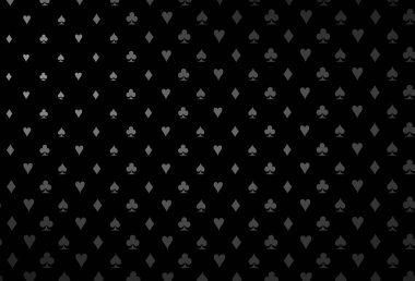 Koyu gümüş, kart işaretli gri vektör arkaplan. Oyun kartlarının izole sembollerine sahip soyut çizimler. Kitapçıklar, kumarhanelerin broşürleri..