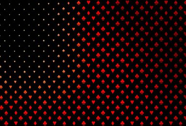 Koyu kırmızı vektör deseni ve kart sembolü. Kupa, maça, sinek ve elmasların olduğu bir resim. Poker oyunları ve etkinlikler broşürleri için desen.
