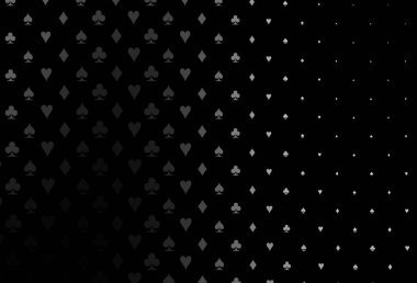 Koyu gümüş, oyun kartlarıyla gri vektör dokusu. Kalplerin, maça, sinek ve elmasların işaretleriyle renkli bir değişim. Kumarhanelerin kartvizitleri için şablon.