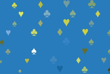 Açık mavi, poker sembollü sarı vektör şablonu. Oyun kartlarının izole sembollerine sahip soyut çizimler. Kitapçıklar, kumarhanelerin broşürleri..