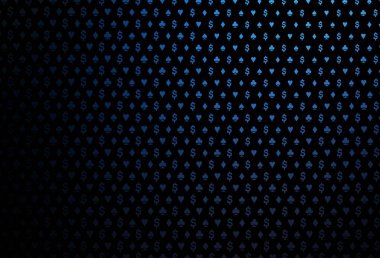 Kumarın sembolleriyle koyu mavi vektör örtüsü. Renkli resimler, kalpler, maça, sinek, elmas. Kumarhane reklamınız için akıllı tasarım.