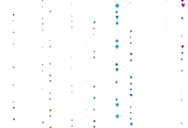 Kartların sembolü olan açık renkli Gökkuşağı vektör deseni. Kalplerin, maça, sinek ve elmasların işaretleriyle renkli bir değişim. Poker oyunları ve etkinlikler broşürleri için desen.
