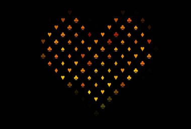 Koyu sarı, poker sembollü turuncu vektör şablonu. Renkli resimler, kalpler, maça, sinek, elmas. Vegas 'ta parti ilanları, etkinlikler.